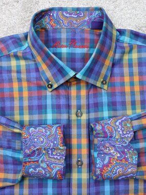 Alan Flusser Shirt Mens Large Blue/Purple/Yellow Flip Cuff Cotton Long Sleeve